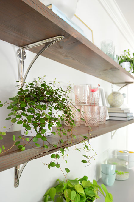 reclaimed wood shelves close up with crack details