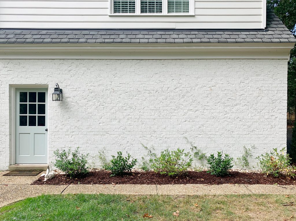 Far View Of Finished Vine Trellis On Brick Garage Wall