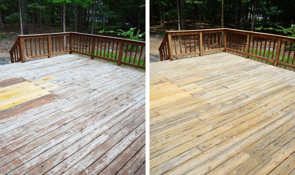 Side by Side of old wood deck before and after stain was stripped