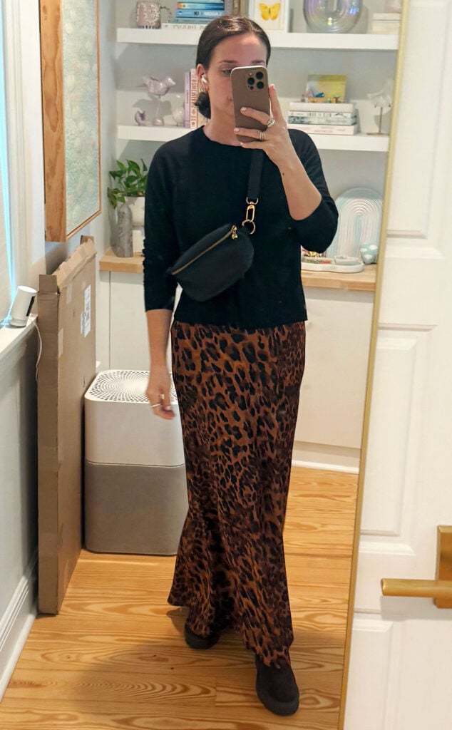 Sherry Mirror Selfie In Outfit For Italy Black Sweater Leopard Maxi Skirt
