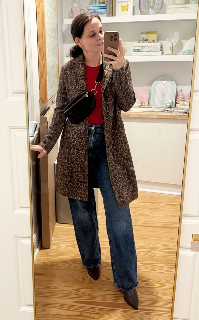 Sherry Mirror Selfie In Outfit For Italy Red Tank Leopard Jacket Jeans